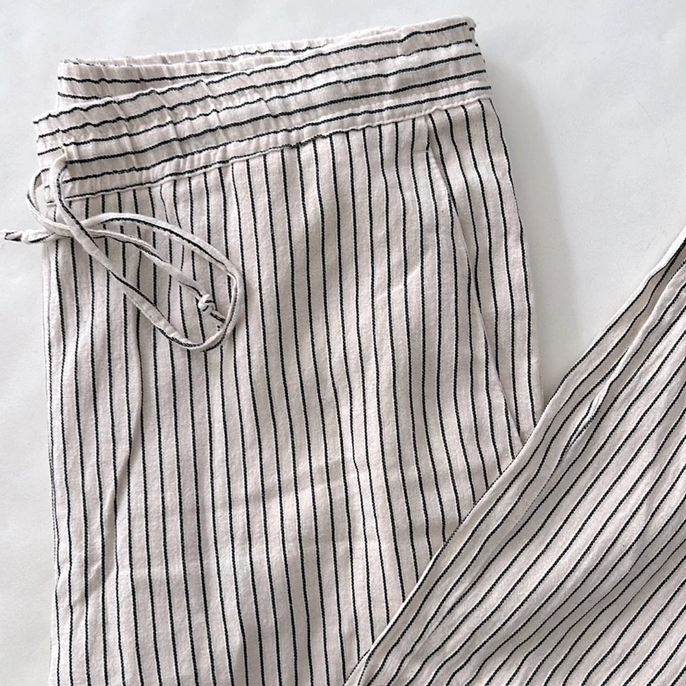 ZARA Drawstring Stripe Linen Cotton Wide Leg Pants Pockets Size L $79
